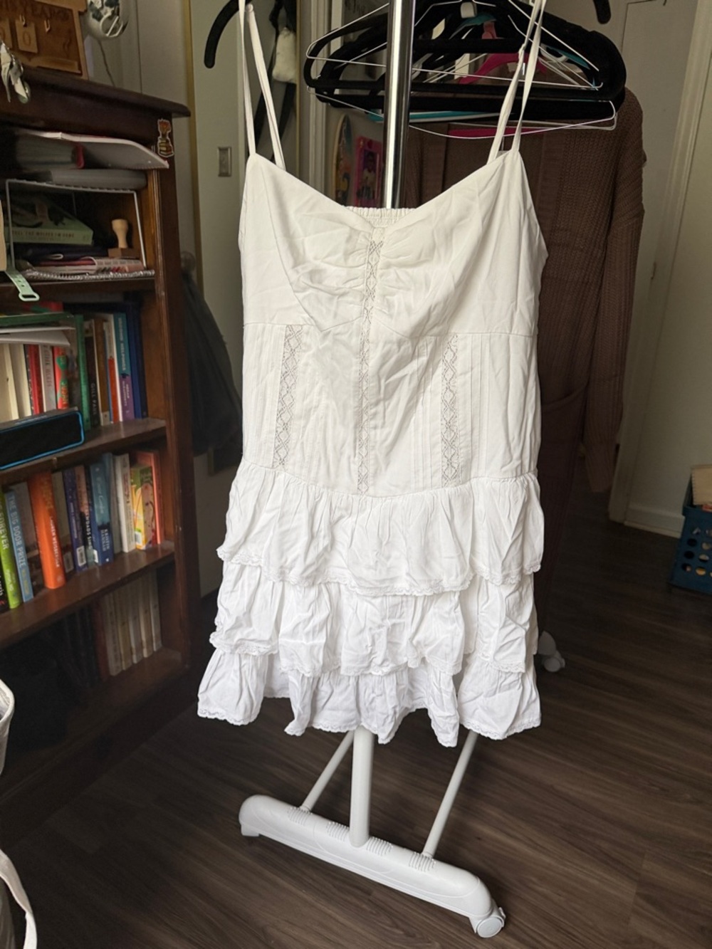 American Eagle Outfitters White Tiered Ruffle Spaghetti Strap Mini Dress